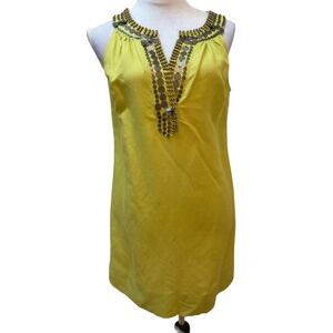 New York & Company Lime Green Beaded Sequin Linen Blend Shift Dress Small